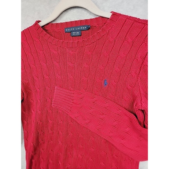 RALPH LAUREN Women's Cable Knit Crewneck Sweater Pullover Sz S 100% Cotton Red - Picture 1 of 10
